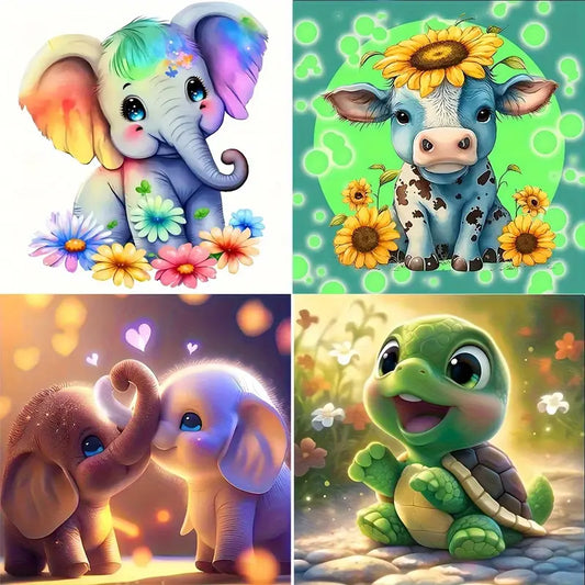 4pcs  Cute Little Elephats,Cow And Turtle Wall Art Canvas Framed