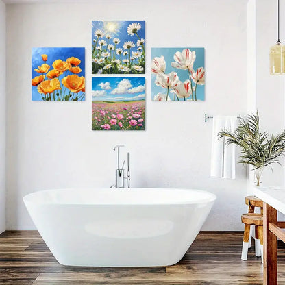 4pcs Vibrant Poppy & Daisy Wall Art Canvas Framed