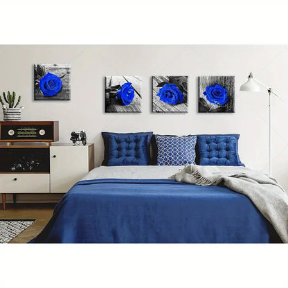 4pcs Royal Blue Rose Pictures & Gray Print Wall Art Canvas Framed