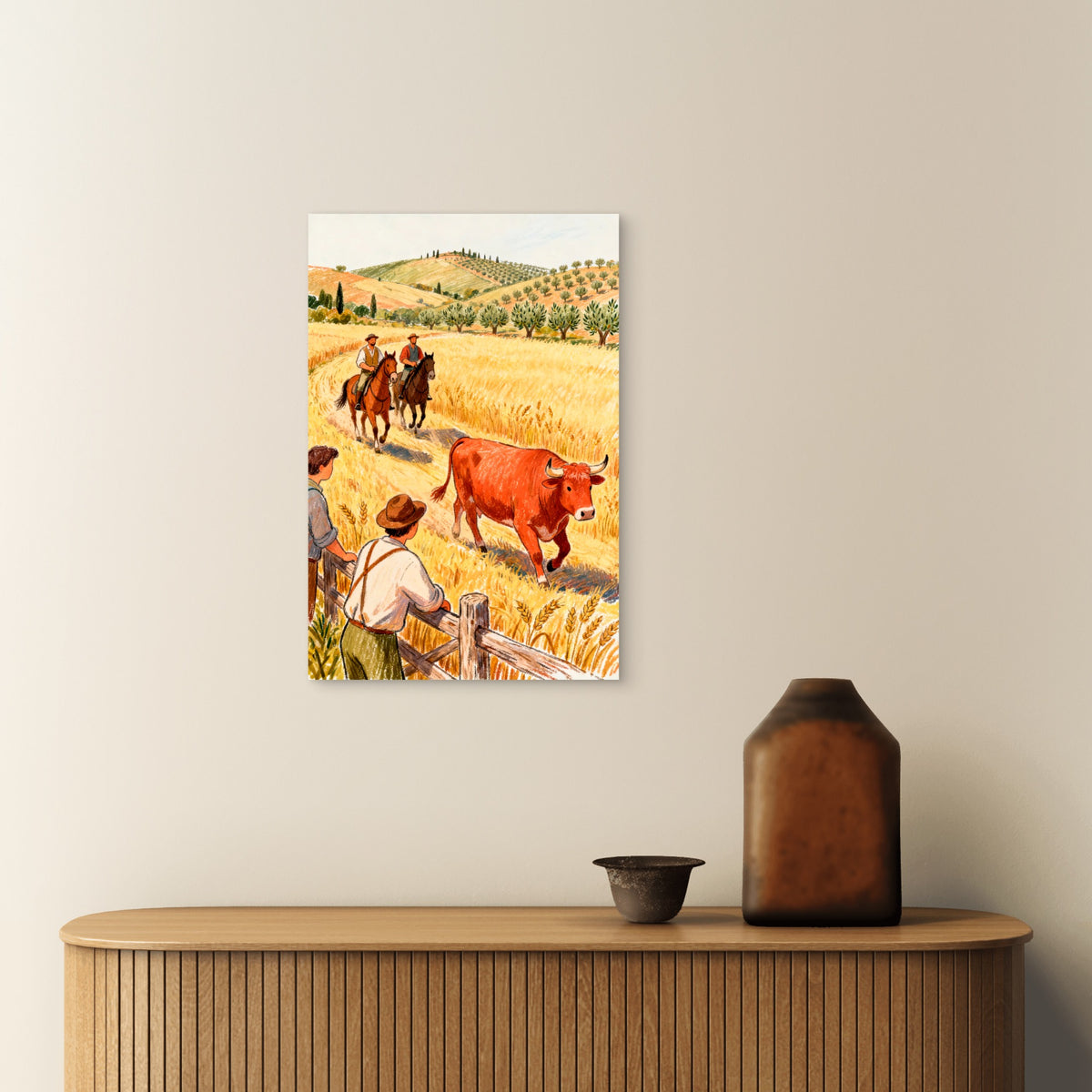 Farmers on Horseback Following a Bull 40x60cm Metal Print Ready to Hang