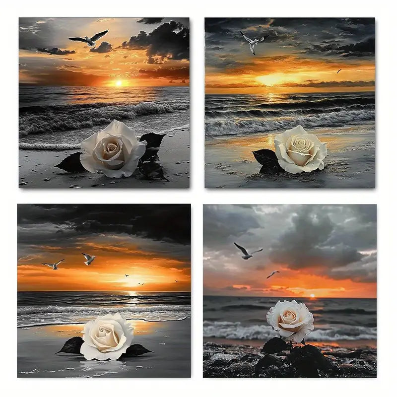 4pcs  Black and White Golden Sea Sunset  KL  Wall Art Canvas Framed