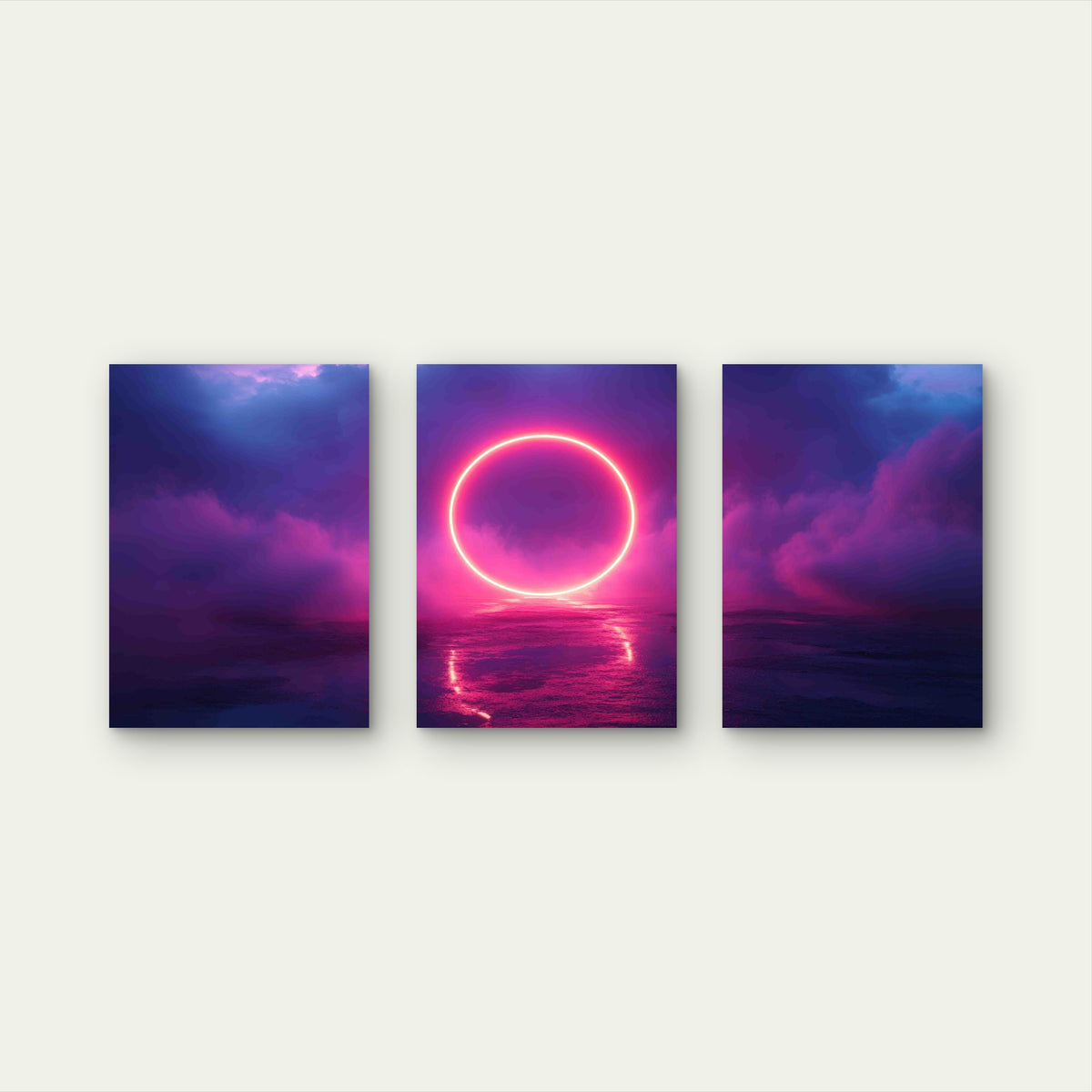 3pcs Neon Ring Stormy Cloud Dark Sky Metal Print Ready to Hang Art