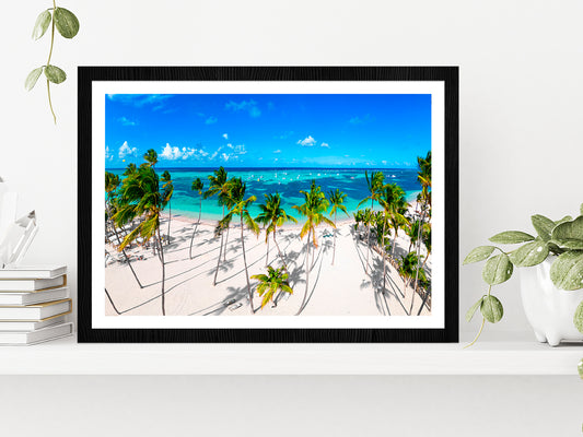 White Sand Bavaro Beach Palm Trees Glass Framed Wall Art, Ready to Hang Quality Print With White Border Black