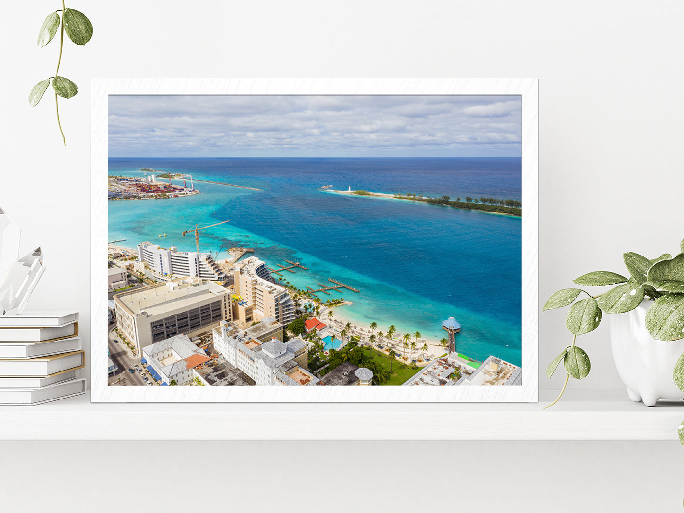 Port Of Nassau Bahamas Cityscape Glass Framed Wall Art, Ready to Hang Quality Print Without White Border White