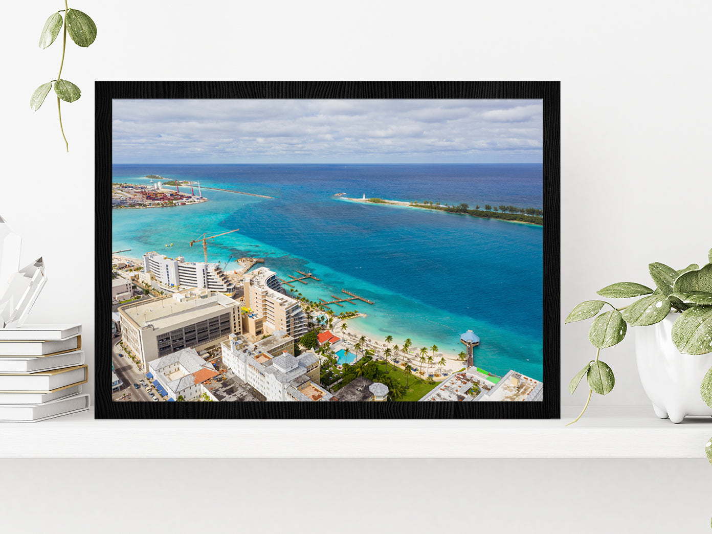 Port Of Nassau Bahamas Cityscape Glass Framed Wall Art, Ready to Hang Quality Print Without White Border Black