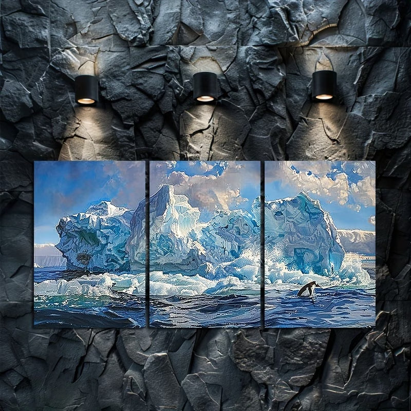 3pcs Iceberg Seascape Coastal Antarctica Scenery Wall Art Set Canvas Framed 60x90cm - High Quality Print 100% Australian Made Wall Canvas Ready to Hang