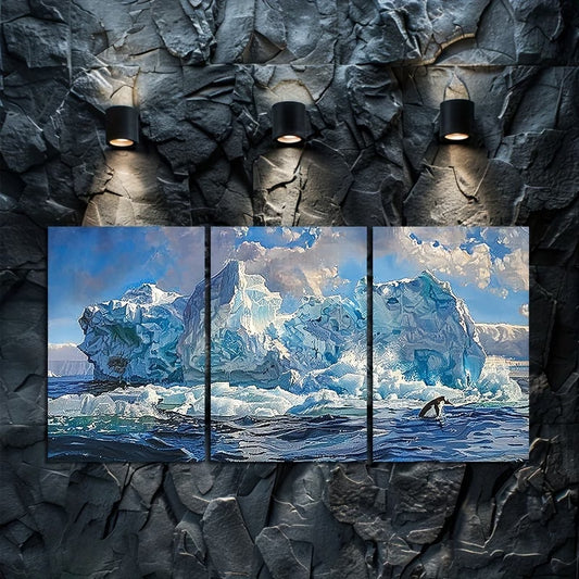 3pcs Iceberg Seascape Coastal Antarctica Scenery Wall Art Set Canvas Framed 60x90cm - High Quality Print 100% Australian Made Wall Canvas Ready to Hang