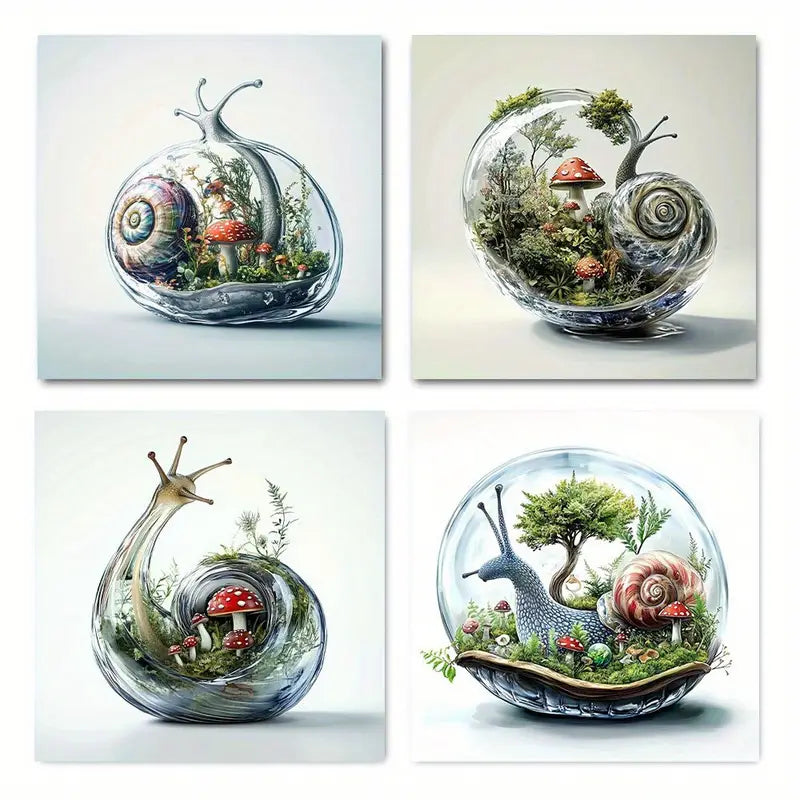 4pcs Crystal Snail Shell Vibrant Miniature Ecosys Wall Art Canvas Framed