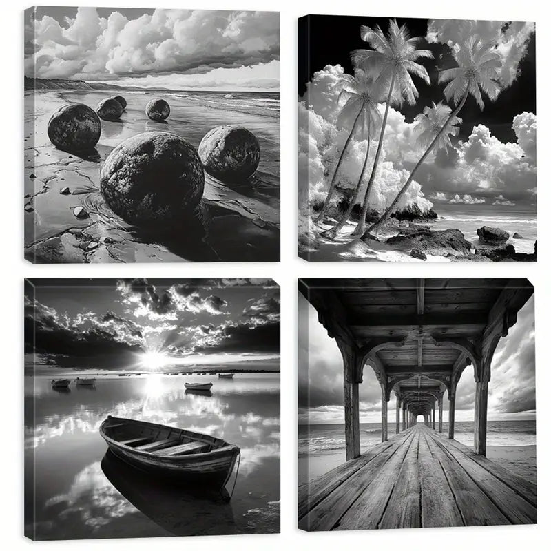 4pcs Floral & Landscape Ink  Wall Art Canvas Framed