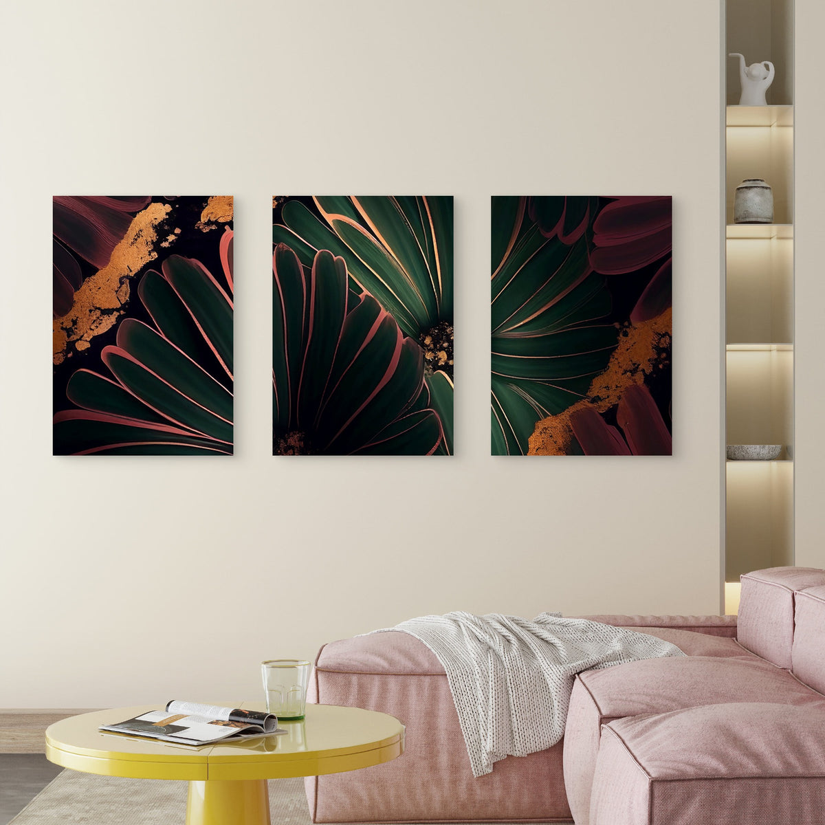 3pcs Green Rose Gold Luxury Metallic Foil Wall Art Set Canvas Framed 60x90cm - High Quality Print 100% Australian Made Wall Canvas Ready to Hang