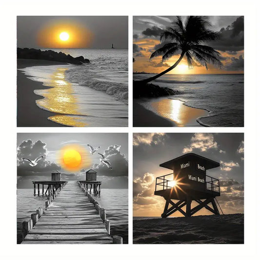 4pcs Beach Sunset Posters, Palm Trees Wall Art Canvas Framed