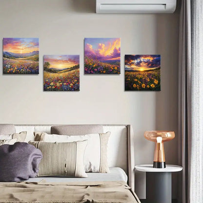 4pcs Sunset Wildflower Field Wall Art Canvas Framed