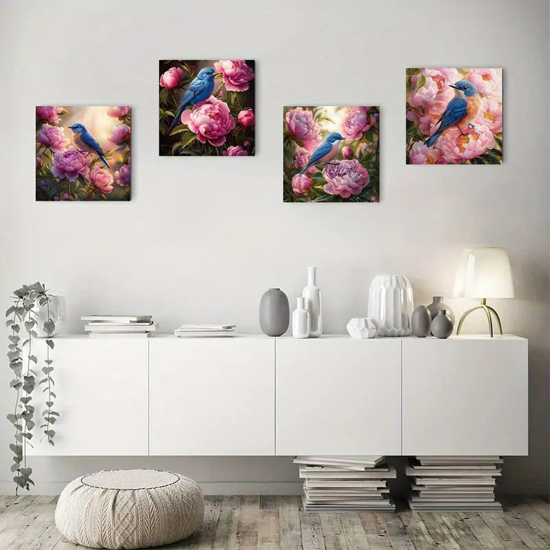4pcs Blue Birds & Pink Peonies Floral Design Wall Art Canvas Framed