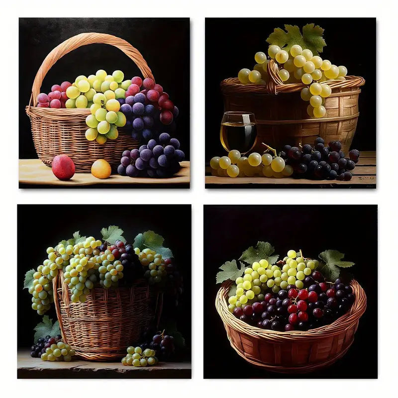 4pcs Red Wine Goblet And Wine Barrel Prints Wall Art Canvas Framed