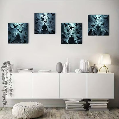 4pcs Decor Crow floc Wall Art Canvas Framed