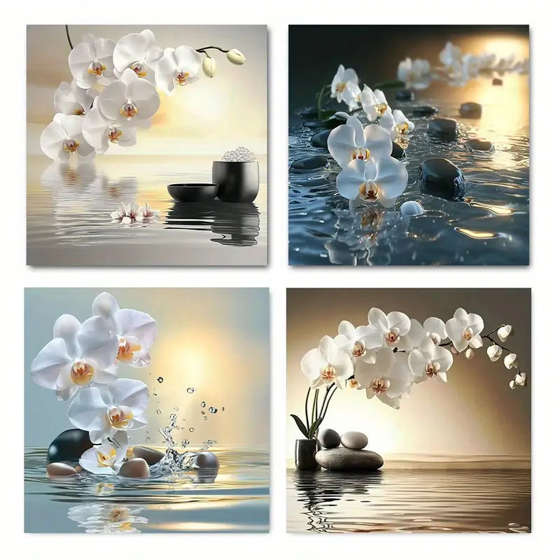 4pcs Abstract White Orchid Candl Wall Art Canvas Framed