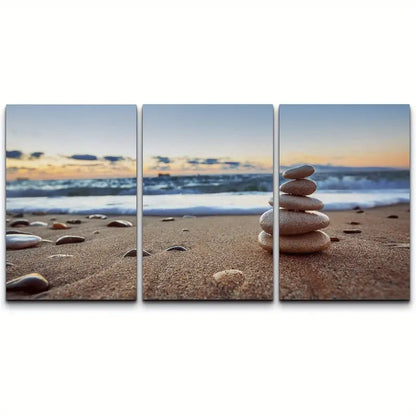 3pcs Beach Scene With Pebbles & Ocean View Metal Print Ready to Hang Art