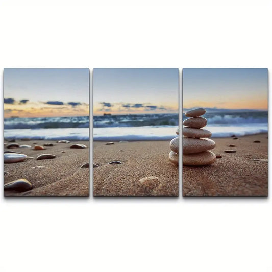 3pcs Beach Scene With Pebbles & Ocean View Metal Print Ready to Hang Art