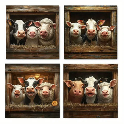 4pcs Rustic Farm Animals  Classic Retro RAR Wall Art Canvas Framed