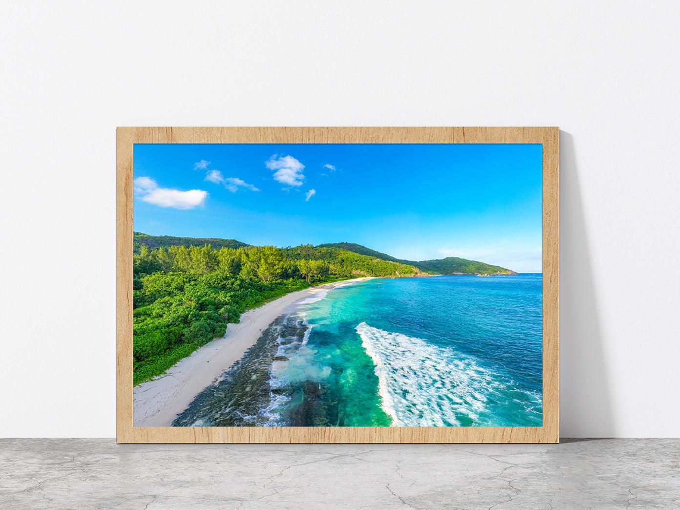 Seychelles With Jungle Beach Glass Framed Wall Art, Ready to Hang Quality Print Without White Border Oak