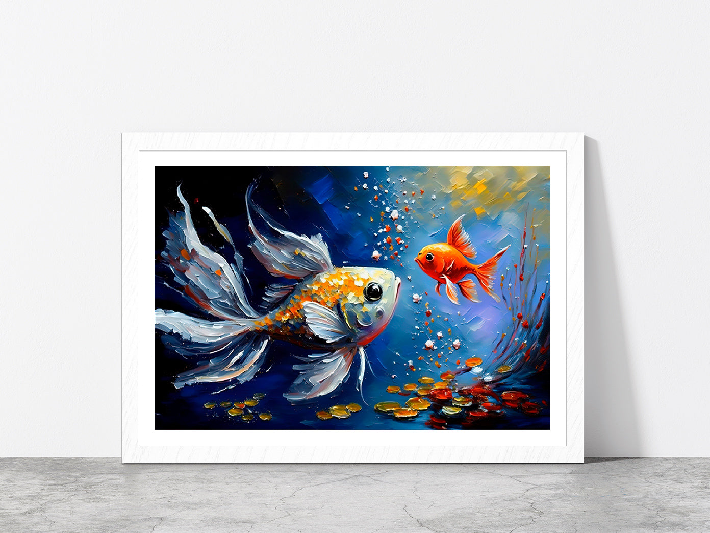 Gold Fish Colorful Oil Painting Glass Framed Wall Art, Ready to Hang Quality Print With White Border White