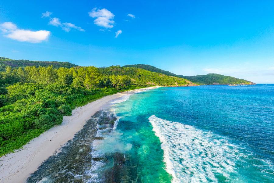 Seychelles With Jungle Beach Glass Framed Wall Art, Ready to Hang Quality Print