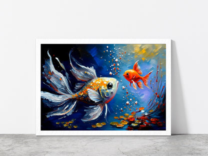 Gold Fish Colorful Oil Painting Glass Framed Wall Art, Ready to Hang Quality Print Without White Border White