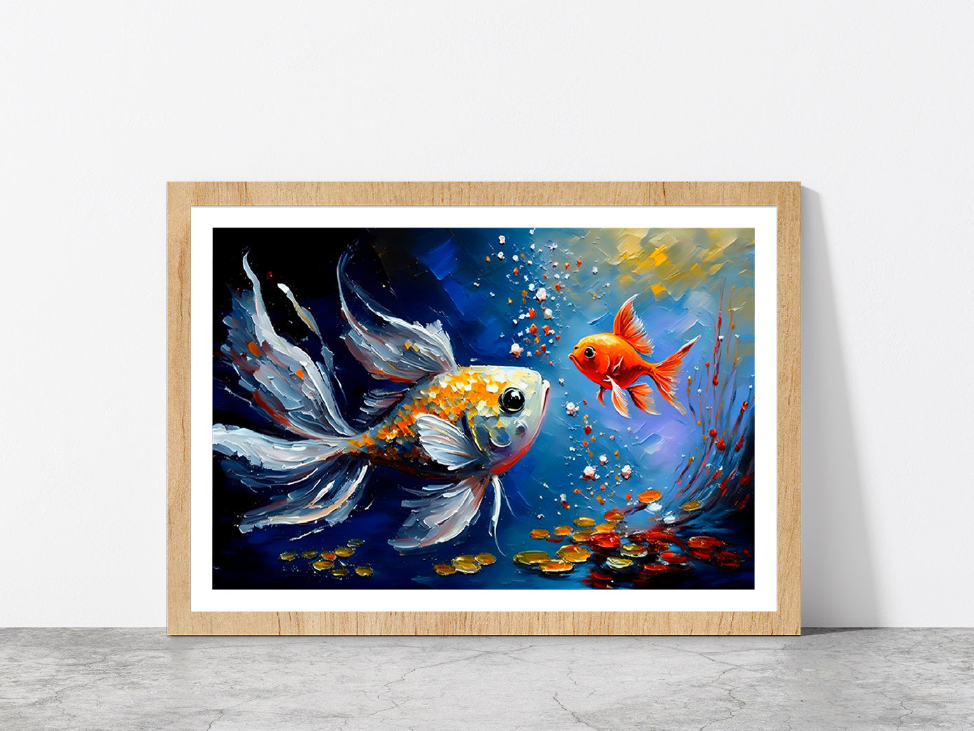 Gold Fish Colorful Oil Painting Glass Framed Wall Art, Ready to Hang Quality Print With White Border Oak