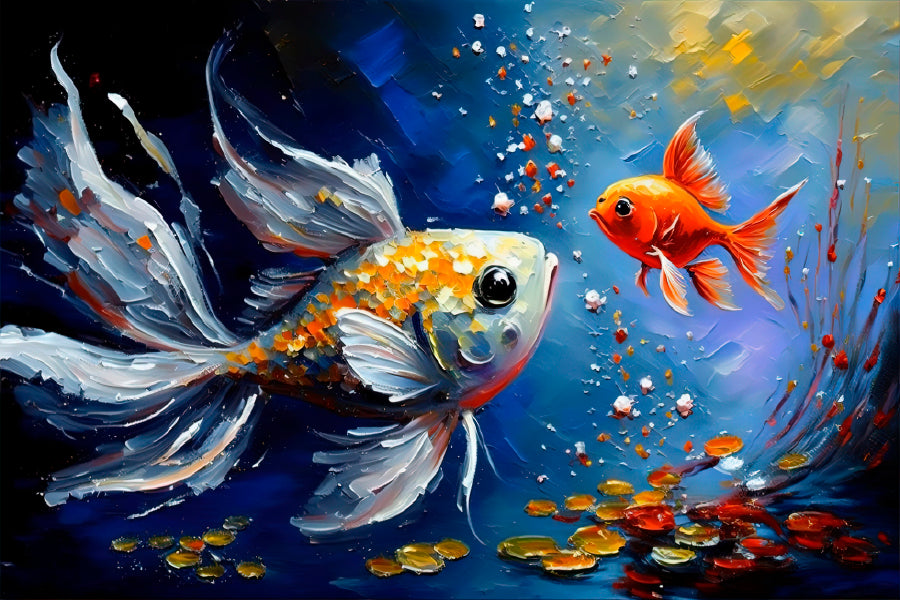 Gold Fish Colorful Oil Painting Glass Framed Wall Art, Ready to Hang Quality Print