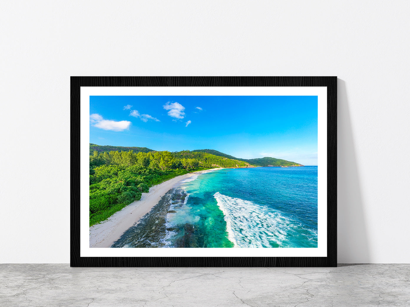 Seychelles With Jungle Beach Glass Framed Wall Art, Ready to Hang Quality Print With White Border Black