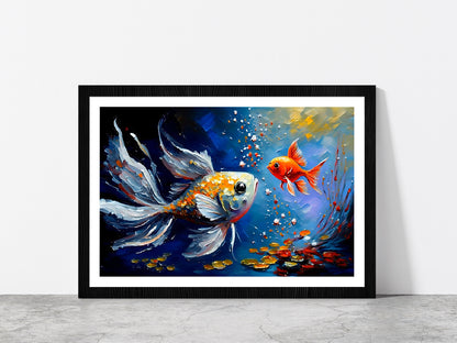 Gold Fish Colorful Oil Painting Glass Framed Wall Art, Ready to Hang Quality Print With White Border Black