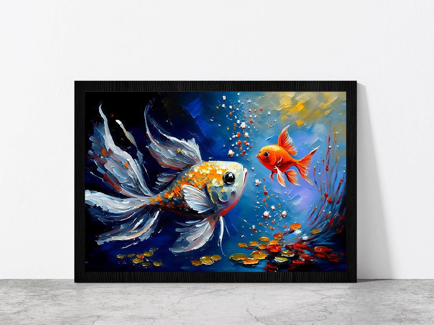 Gold Fish Colorful Oil Painting Glass Framed Wall Art, Ready to Hang Quality Print Without White Border Black