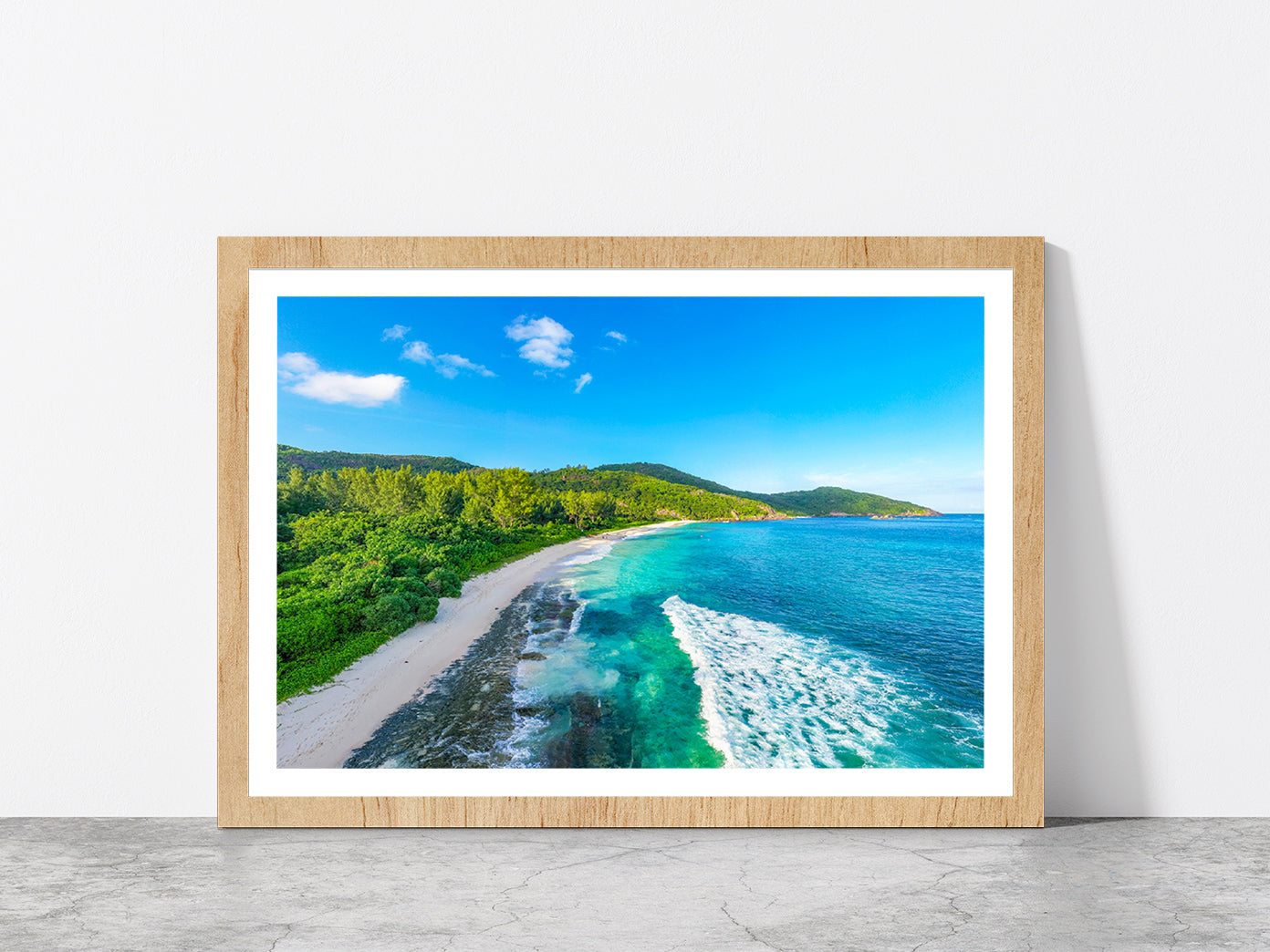 Seychelles With Jungle Beach Glass Framed Wall Art, Ready to Hang Quality Print With White Border Oak