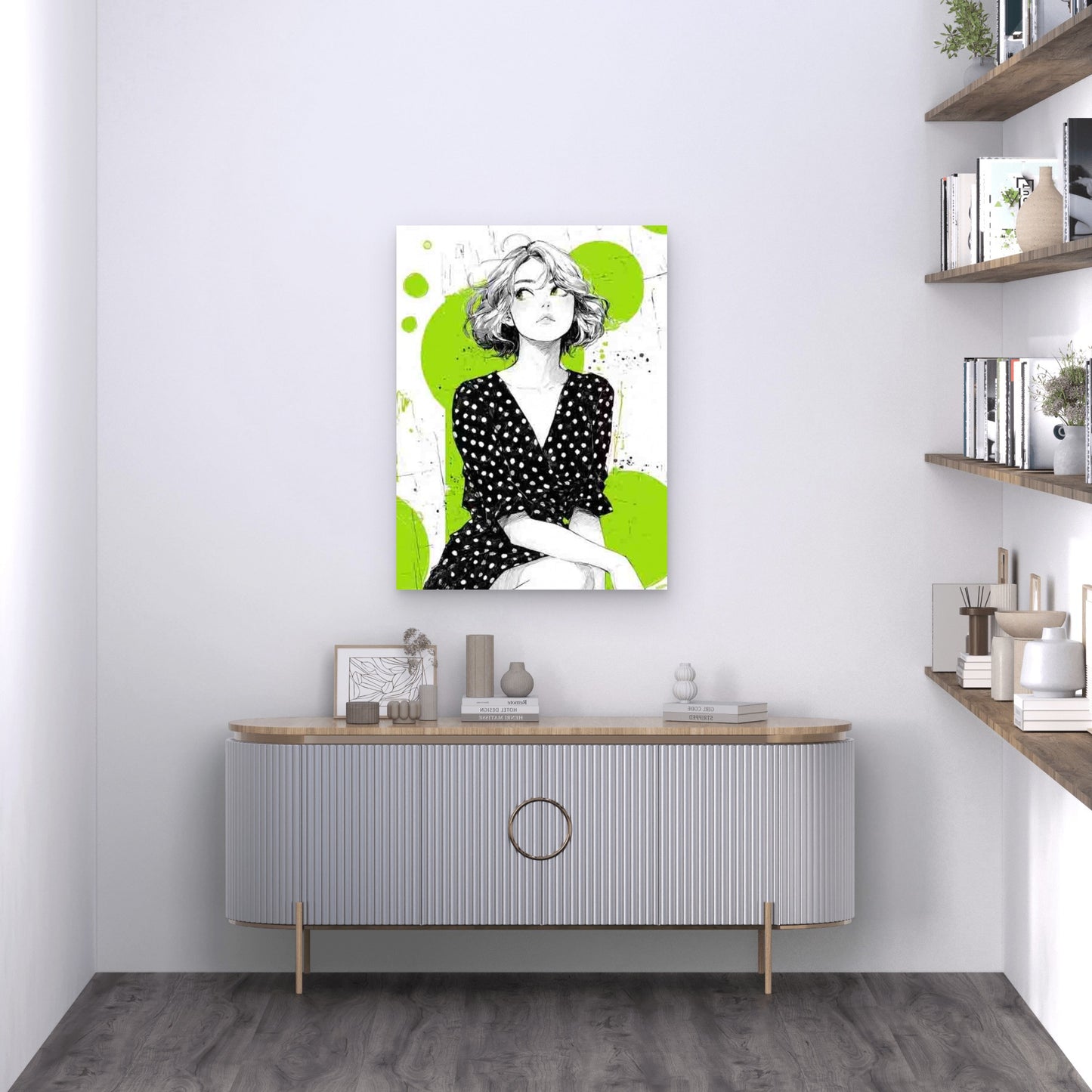 Woman in Black & White Polka Dot Dress 60x90cm Metal Print Ready to Hang