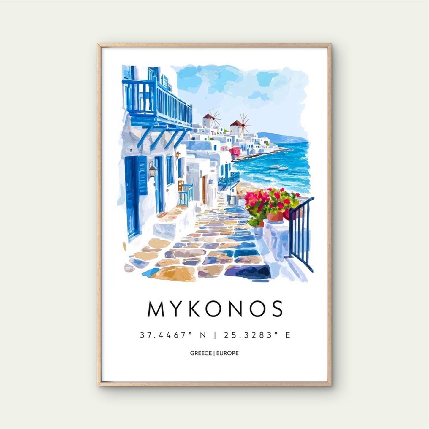 Greek Island Mykonos Coastal Village View Travel Poster Print Wall Art
