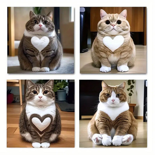 4pcs Cat Decorative with Heart Design Wall Art Canvas Framed