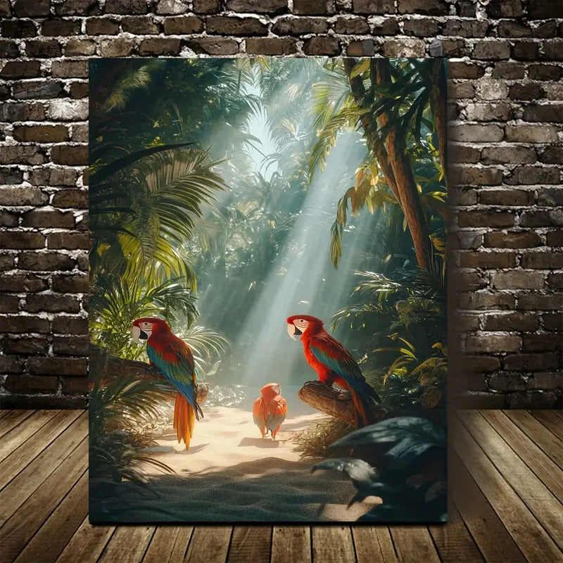 Vibrant Parrots on Sandy Beach with Sunbeams 40x60cm Metal Print Ready to Hang