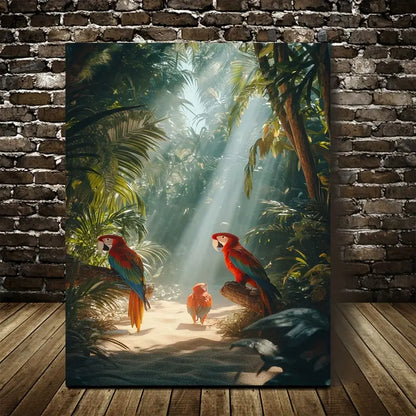 Vibrant Parrots on Sandy Beach with Sunbeams 40x60cm Metal Print Ready to Hang