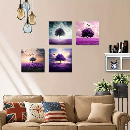4pcs Large Purple Tree Sunset Field SF   Wall Art Canvas Framed