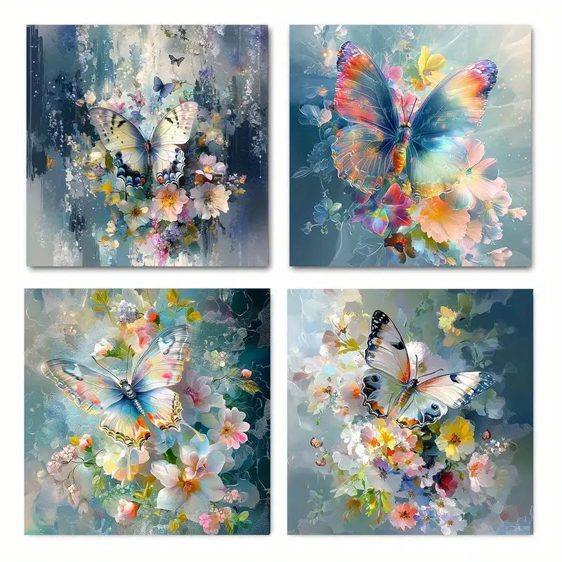 4pcs Vibrant Butterfly & Flower Canvas Wall Art Canvas Framed