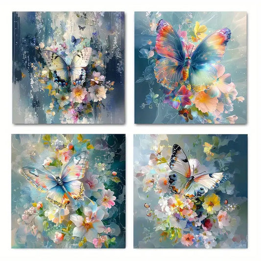 4pcs Vibrant Butterfly & Flower Canvas Wall Art Canvas Framed