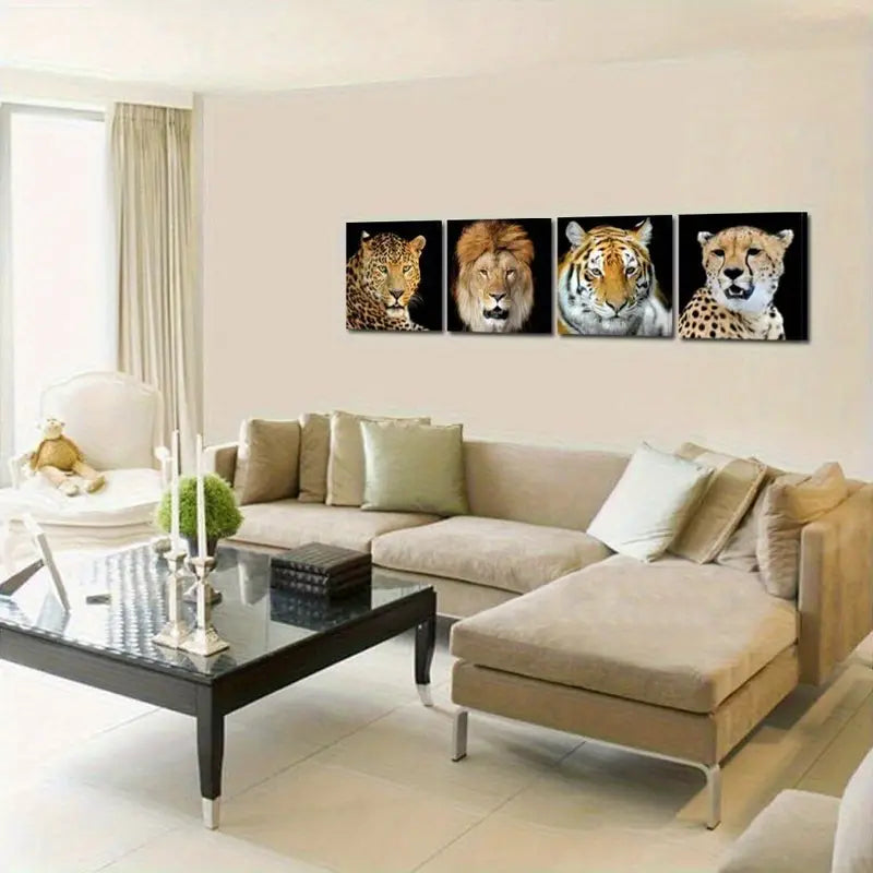 4pcs Leopard Tiger Lion Zebra Picture  Wall Art Canvas Framed
