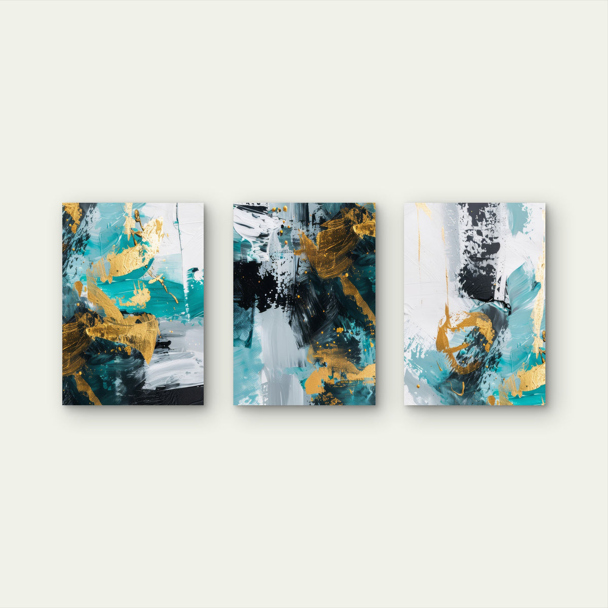 3pcs Abstract Teal Gold Foil Oil Paint Brush Wall Art Set Canvas Framed 40x60cm - High Quality Print 100% Australian Made Wall Canvas Ready to Hang