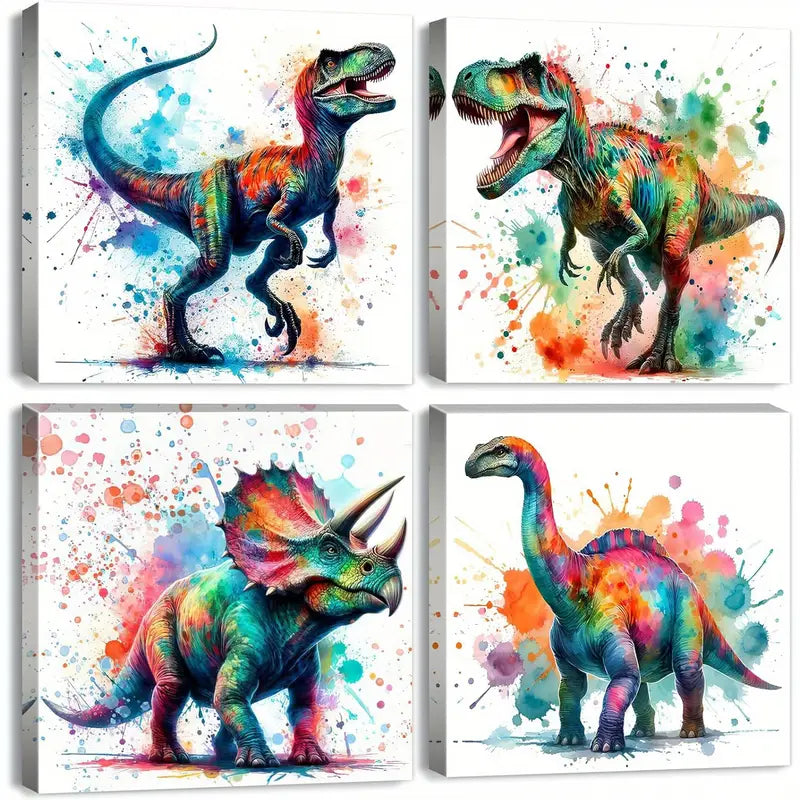 4pcs Watercolor Dinosaur Wall Art Canvas Framed