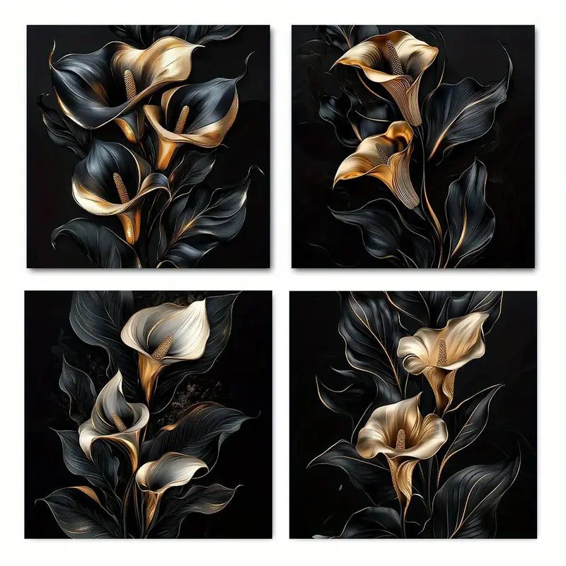 4pcs Black Golden Flora Elegant Modern   Wall Art Canvas Framed