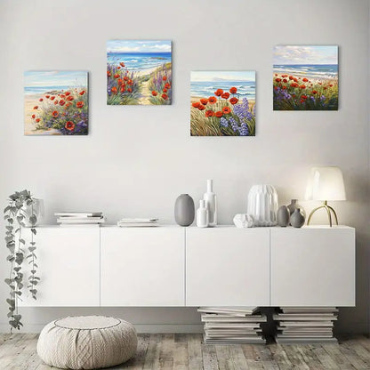4pcs Red Flower Beautiful Sunrise SceneWall Art Canvas Framed