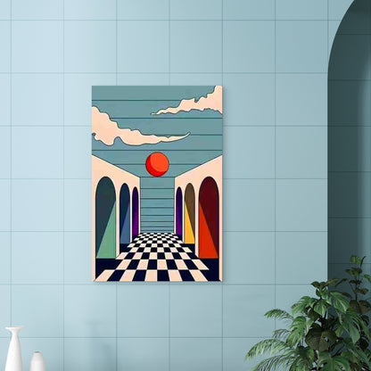 Abstract with Archway Black and White Checkerboard Floor 60x90cm Metal Print Ready to Hang - Bella Home Decor