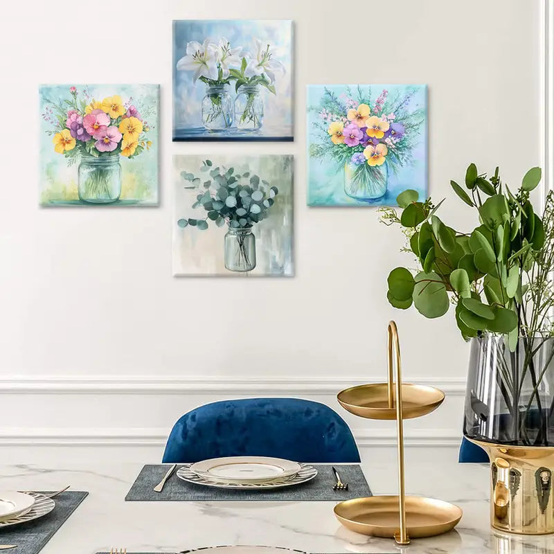 4pcs Bouquet Design  Floral Illustration  Wall Art Canvas Framed