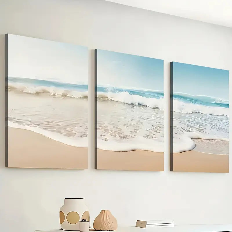 3pcs Modern Wind Beach Ocean Wave Wind Art Wall Art Set Canvas Framed 40x60cm - High Quality Print 100% Australian Made Wall Canvas Ready to Hang