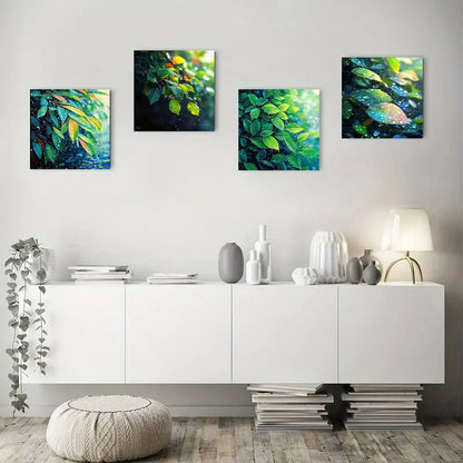 4pcs Green Leaves In Rain Forest Design Wall Art Canvas Framed